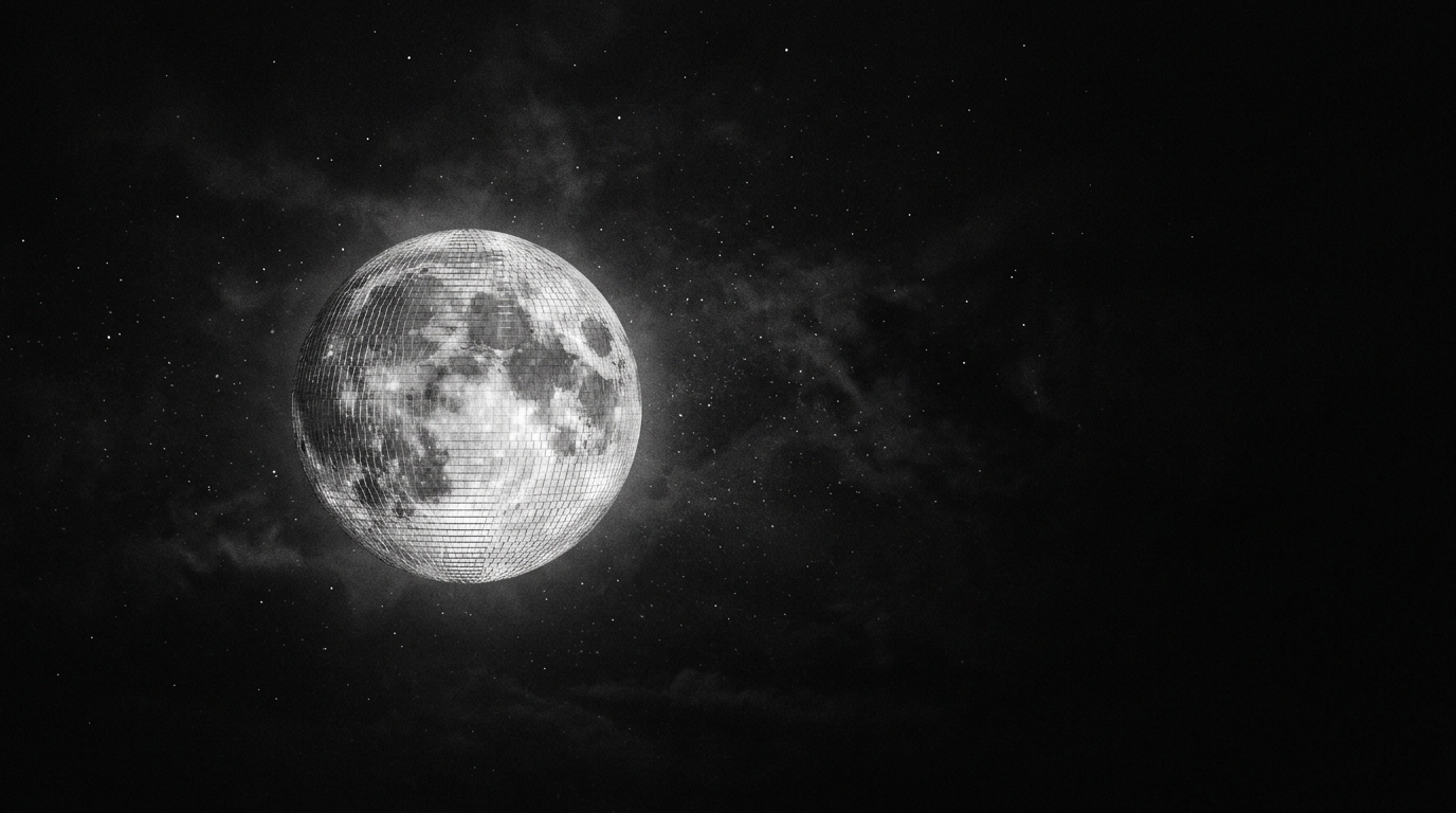 A mirrorball hanging like a moon over a dark, quiet landscape